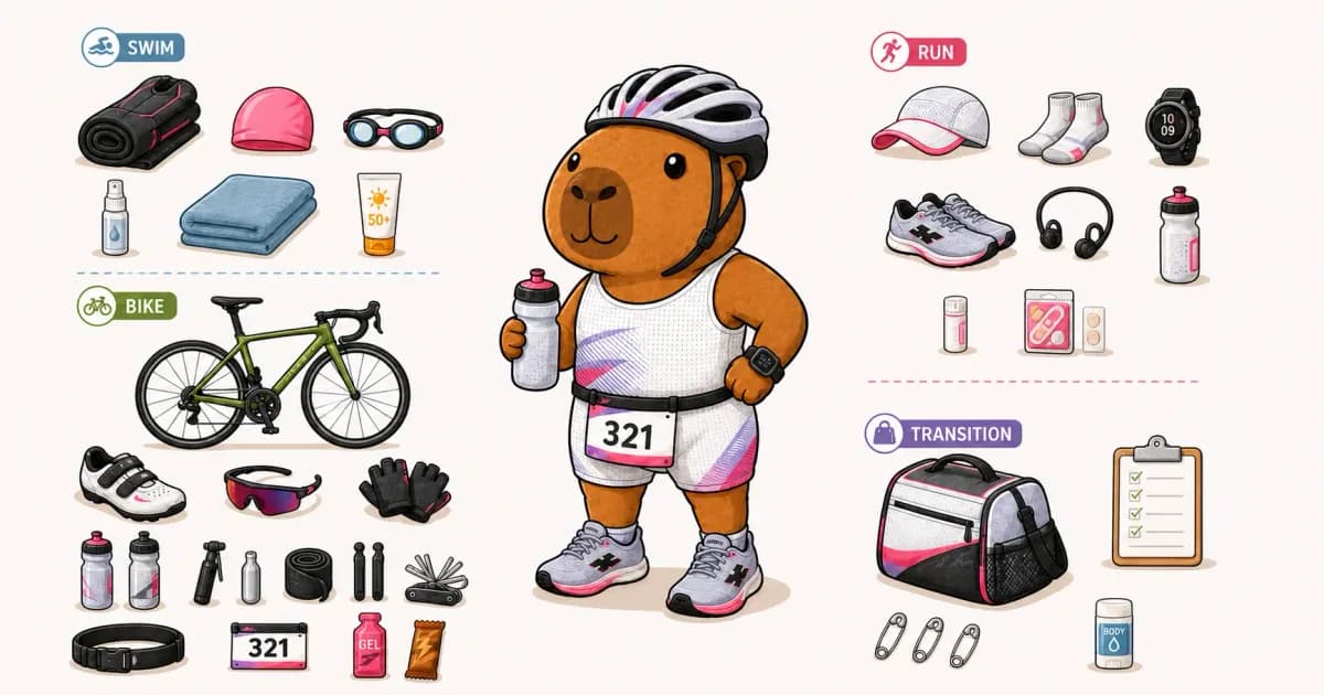 Illustration d'un capybara vérifiant sa checklist triathlon avant la course