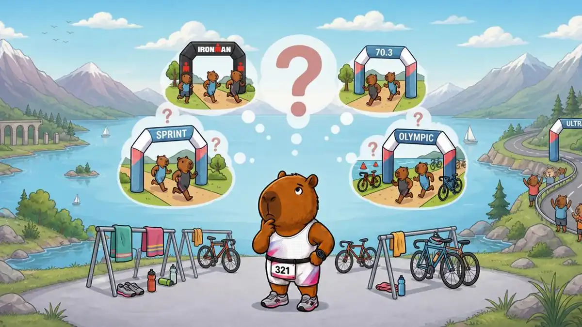 Un capybara en tenue de triathlon hésite devant cinq arches de départ : les distances du triathlon sprint, olympique, 70.3, Ironman et ultra