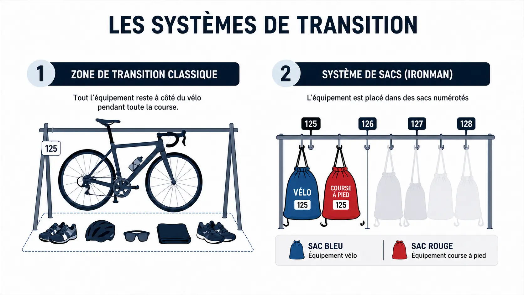 Schéma comparatif des deux systèmes de transition en triathlon : zone unique avec matériel posé à côté du vélo sur Sprint et Olympique, vs sacs codifiés par couleur (bleu vélo, rouge course à pied) sur Half et Ironman